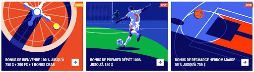 Offres de bienvenue et de recharge TIKITAKA – Bonus jusqu'à 750 $, 200 tours gratuits et 1 Bonus Crab. Trois offres de bonus colorées sur fond illustré, représentant une roulette de casino, un joueur de football en train de tirer au but et un terrain de basketball.