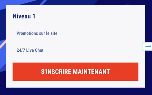 Avantages du niveau VIP 1 — Assistance 24/7 et promotions exclusives. Carte VIP Niveau 1 avec avantages affichés comme les promotions sur le site et le chat en direct 24/7, avec bouton rouge « S'inscrire maintenant ».