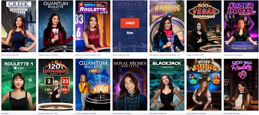 Jeux de roulette et blackjack en direct — éditions spéciales, multiplicateurs élevés, et tables exclusives. Sélection de jeux de table en direct, incluant des variantes de roulette et de blackjack comme Greek Roulette, Mega Fire Blaze, Quantum x1000, Vegas Roulette, et Sticky Bandits. Présence d'animatrices en direct.