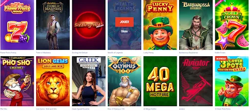 Collection des jeux populaires et exclusifs du casino — machines à sous, roulette grecque et titres à jackpot Sélection de jeux de casino avec miniatures colorées : machines à sous, roulette, jeux de table et titres populaires comme Flame Fruits Frenzy, Tome of Madness, Aviator, et Rise of Olympus 100