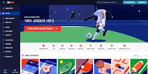 Page d'accueil du casino en ligne TIKITAKA – Bonus de dépôt, jeux populaires et paris sportifs Interface de la page d'accueil du site TIKITAKA avec menu latéral, bannière de bonus de dépôt et catégories de jeux en ligne